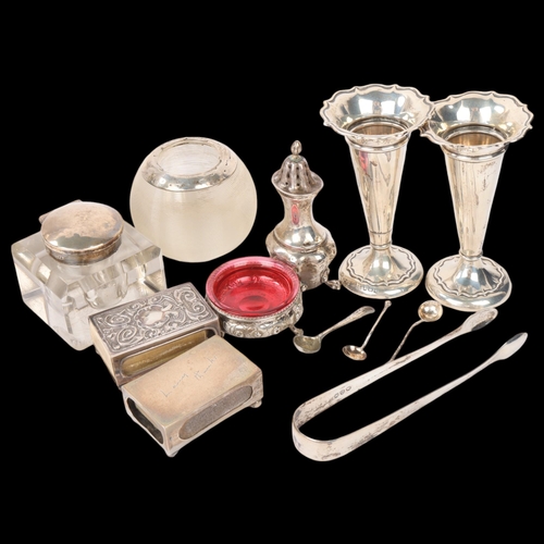 1850 - Various silver, including glass match holder/striker, inkwell, pair of bud vases, sugar tongs, etc, ... 