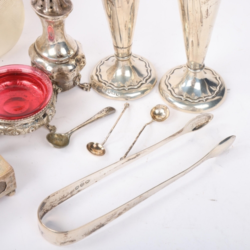 1850 - Various silver, including glass match holder/striker, inkwell, pair of bud vases, sugar tongs, etc, ... 