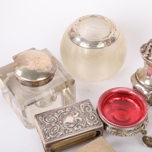 1850 - Various silver, including glass match holder/striker, inkwell, pair of bud vases, sugar tongs, etc, ... 