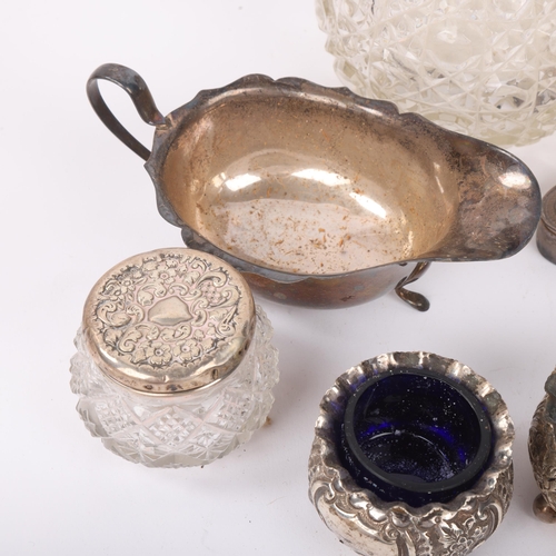 1851 - Various silver, including sauce boat, ashtray, cruet set, toilet jars, etc, 7oz weighable