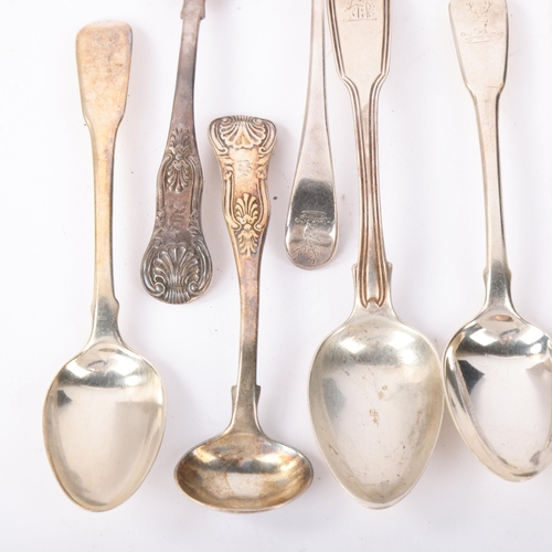 1853 - Various silver flatware, including mustard spoon, teaspoons, etc, 7.5oz total