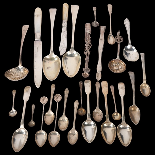 1854 - Various silver flatware, including George III tablespoon, 18th century shell sauce ladle spoon, moth... 