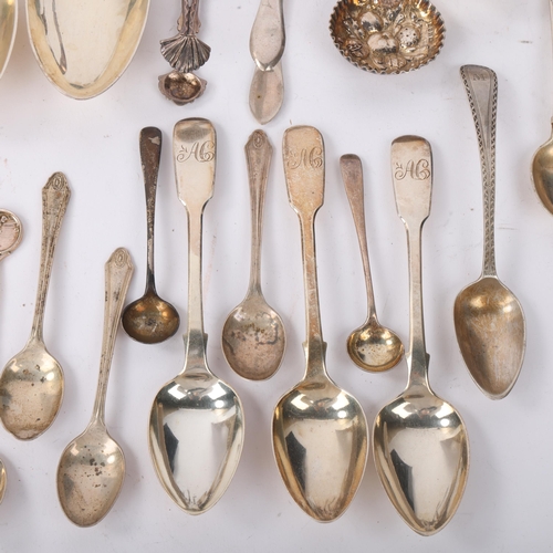 1854 - Various silver flatware, including George III tablespoon, 18th century shell sauce ladle spoon, moth... 