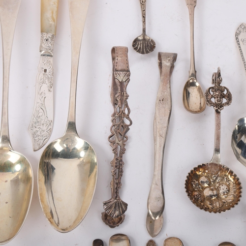 1854 - Various silver flatware, including George III tablespoon, 18th century shell sauce ladle spoon, moth... 