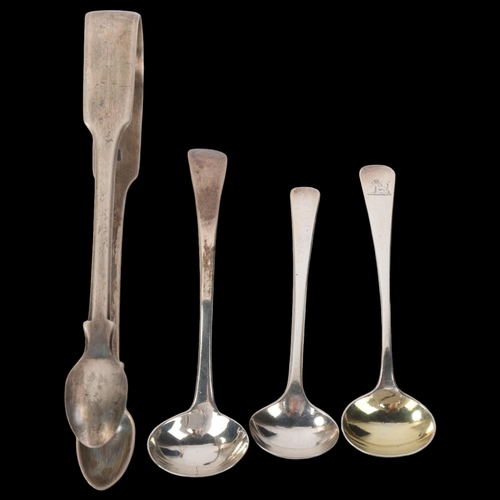 1855 - Various Antique silver flatware, including pair of George IV silver sugar tongs, George III mustard ... 