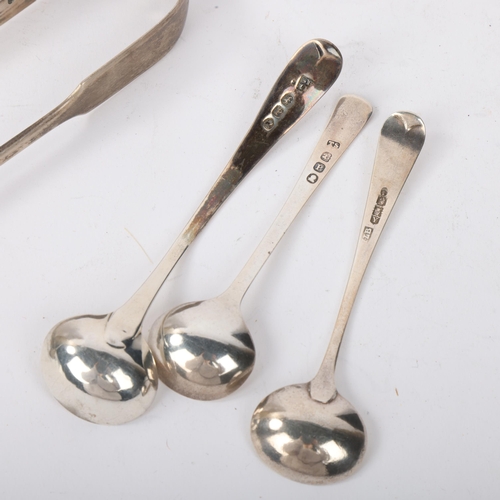 1855 - Various Antique silver flatware, including pair of George IV silver sugar tongs, George III mustard ... 