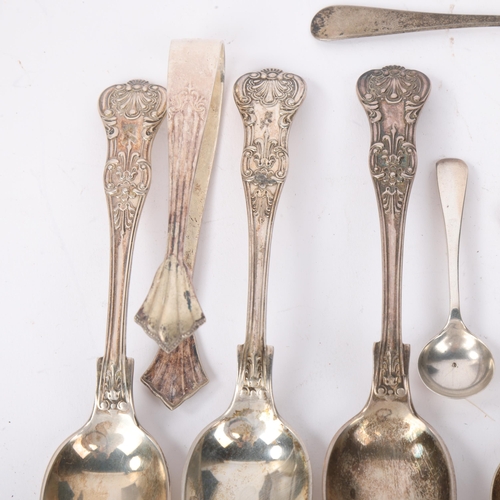 1856 - Various silver flatware, including King's pattern teaspoons, sugar tongs, etc, 5.9oz total