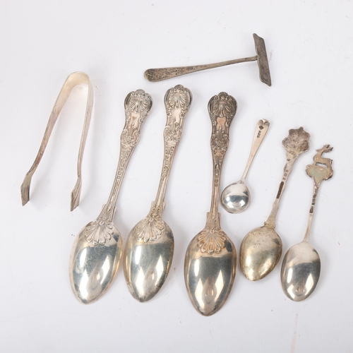 1856 - Various silver flatware, including King's pattern teaspoons, sugar tongs, etc, 5.9oz total