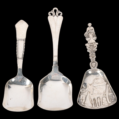 1857 - 3 Danish silver tea caddy shovel spoons, makers include Carl M Cohr, largest 11.5cm, 1.2oz total (3)