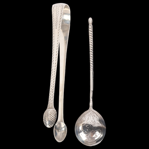 1858 - An Antique Russian silver spoon, and a pair of English silver sugar tongs, indistinct hallmarks, 13.... 