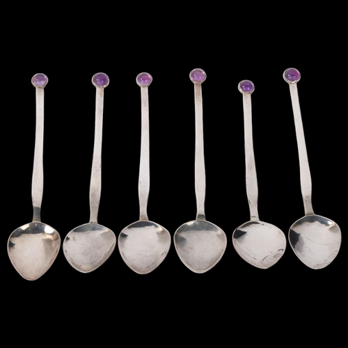 1859 - A set of 6 Arts and Crafts silver amethyst teaspoons, no maker, 12cm, 2.6oz total