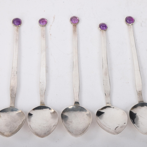 1859 - A set of 6 Arts and Crafts silver amethyst teaspoons, no maker, 12cm, 2.6oz total