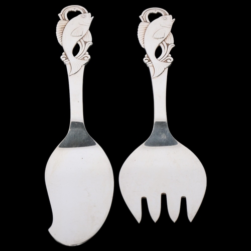 1860 - CARL M COHR - a pair of Art Deco Danish sterling silver 'Fish' servers, slice 22cm, 5.8oz total