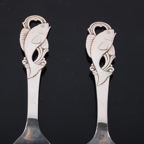 1860 - CARL M COHR - a pair of Art Deco Danish sterling silver 'Fish' servers, slice 22cm, 5.8oz total