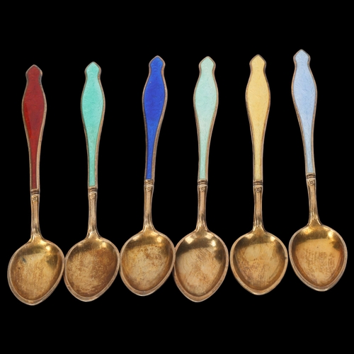 1862 - A set of 6 Norwegian vermeil sterling silver and harlequin enamel coffee spoons, indistinct maker wi... 