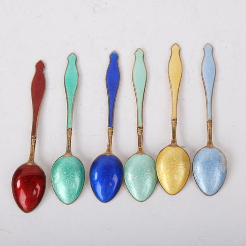 1862 - A set of 6 Norwegian vermeil sterling silver and harlequin enamel coffee spoons, indistinct maker wi... 