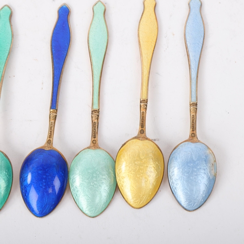 1862 - A set of 6 Norwegian vermeil sterling silver and harlequin enamel coffee spoons, indistinct maker wi... 