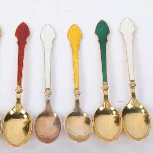 1863 - MEKA - a set of 7 Danish vermeil sterling silver harlequin enamel coffee spoons, 9.5cm, 1.9oz gross