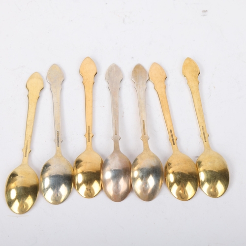 1863 - MEKA - a set of 7 Danish vermeil sterling silver harlequin enamel coffee spoons, 9.5cm, 1.9oz gross