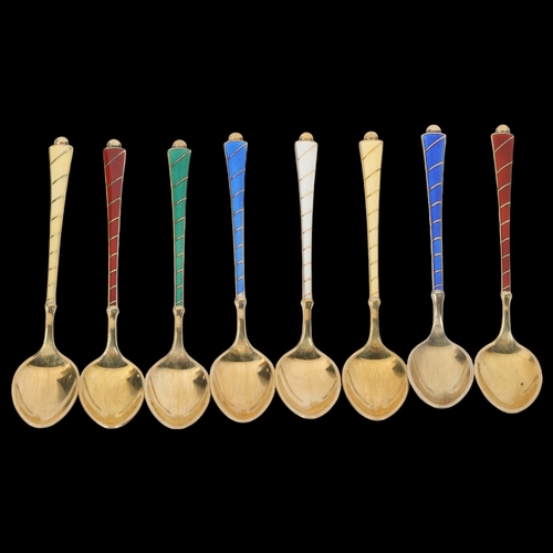 1864 - EGON LAURIDSEN - a set of 8 Danish vermeil sterling silver harlequin enamel coffee spoons, with enam... 