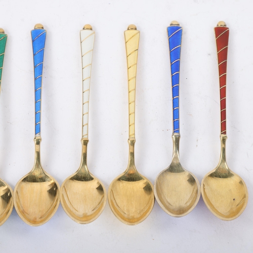 1864 - EGON LAURIDSEN - a set of 8 Danish vermeil sterling silver harlequin enamel coffee spoons, with enam... 