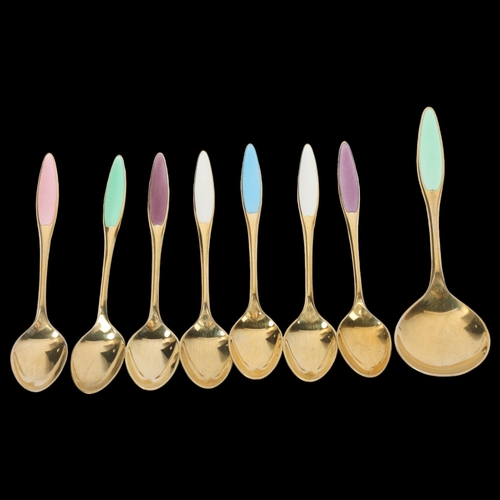 1865 - FRIGAST - a set of 8 Danish vermeil sterling silver harlequin enamel coffee spoons and matching pres... 