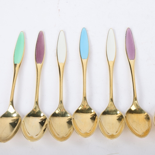 1865 - FRIGAST - a set of 8 Danish vermeil sterling silver harlequin enamel coffee spoons and matching pres... 