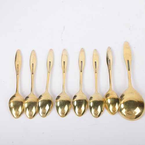 1865 - FRIGAST - a set of 8 Danish vermeil sterling silver harlequin enamel coffee spoons and matching pres... 