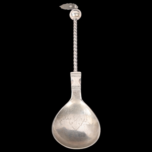 1872 - An 18th century Scandinavian silver condiment spoon, maker JM, engraved bowl with spiral handle, hav... 