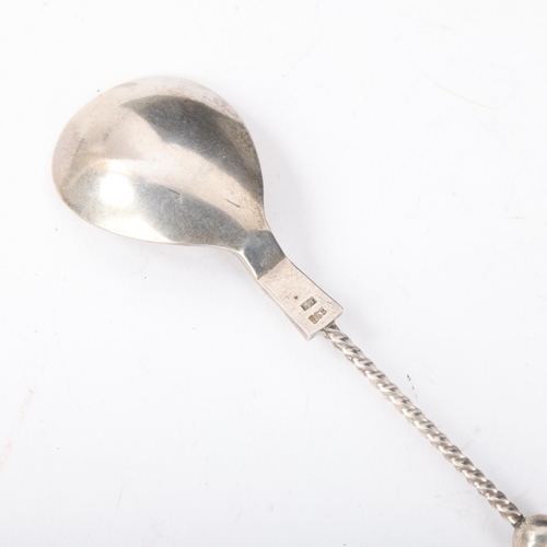 1872 - An 18th century Scandinavian silver condiment spoon, maker JM, engraved bowl with spiral handle, hav... 