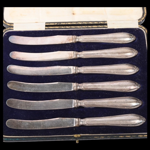 1884 - A cased set of 6 silver-handled butter knives, Allen & Darwin, Sheffield 1914, overall 17.5cm