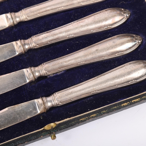 1884 - A cased set of 6 silver-handled butter knives, Allen & Darwin, Sheffield 1914, overall 17.5cm