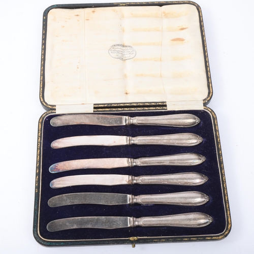 1884 - A cased set of 6 silver-handled butter knives, Allen & Darwin, Sheffield 1914, overall 17.5cm