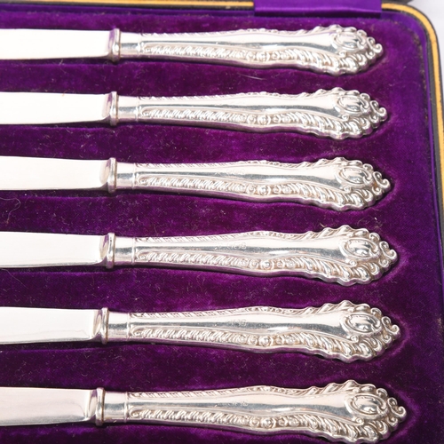 1886 - A cased set of 6 late Victorian silver-handled butter knives, James Deakin & Sons, Sheffield 1900, r... 