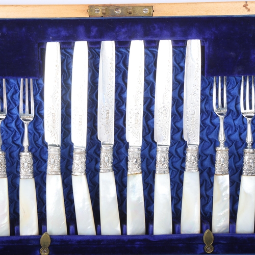 1888 - A cased set of late Victorian mother-of-pearl handled silver dessert cutlery for 12 people, Harrison... 