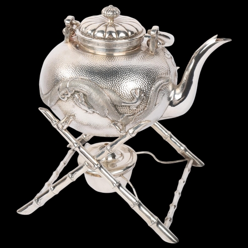 1904 - A fine Chinese export silver spirit kettle on burner stand, retailed by Luen Hing, Shanghai, active ... 