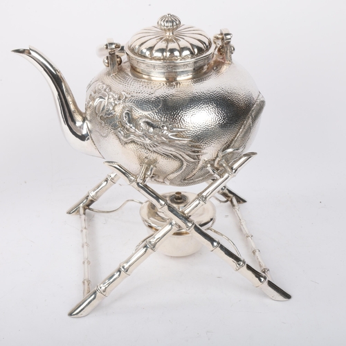 1904 - A fine Chinese export silver spirit kettle on burner stand, retailed by Luen Hing, Shanghai, active ... 