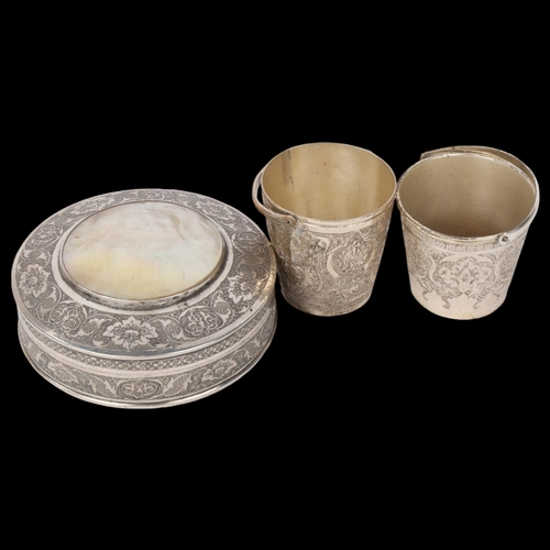 1905 - A group of Persian silver, including mother-of-pearl box and cover, and pair of swing-handled bucket... 