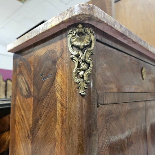 144 - A small French kingwood side cupboard, with marble top, frieze drawer and cupboards under, width 60c... 