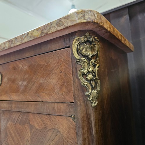 144 - A small French kingwood side cupboard, with marble top, frieze drawer and cupboards under, width 60c... 