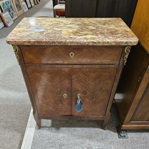 144 - A small French kingwood side cupboard, with marble top, frieze drawer and cupboards under, width 60c... 