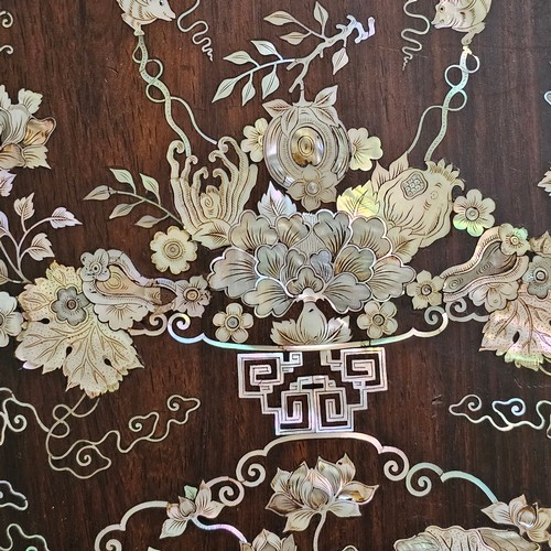 76 - Pair of highly detailed 19th century Chinese rosewood panels, intricate inlaid mother-of-pearl decor... 