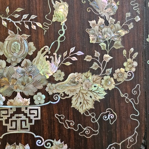 76 - Pair of highly detailed 19th century Chinese rosewood panels, intricate inlaid mother-of-pearl decor... 