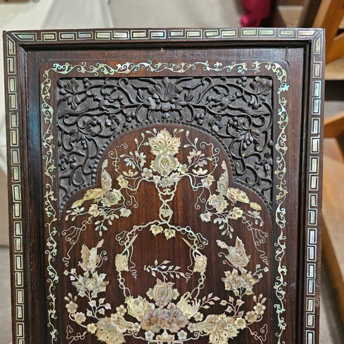 76 - Pair of highly detailed 19th century Chinese rosewood panels, intricate inlaid mother-of-pearl decor... 