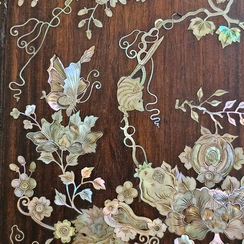 76 - Pair of highly detailed 19th century Chinese rosewood panels, intricate inlaid mother-of-pearl decor... 