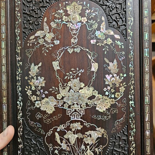 76 - Pair of highly detailed 19th century Chinese rosewood panels, intricate inlaid mother-of-pearl decor... 