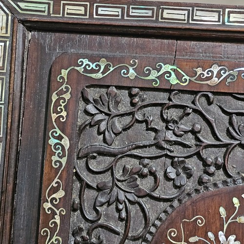 76 - Pair of highly detailed 19th century Chinese rosewood panels, intricate inlaid mother-of-pearl decor... 