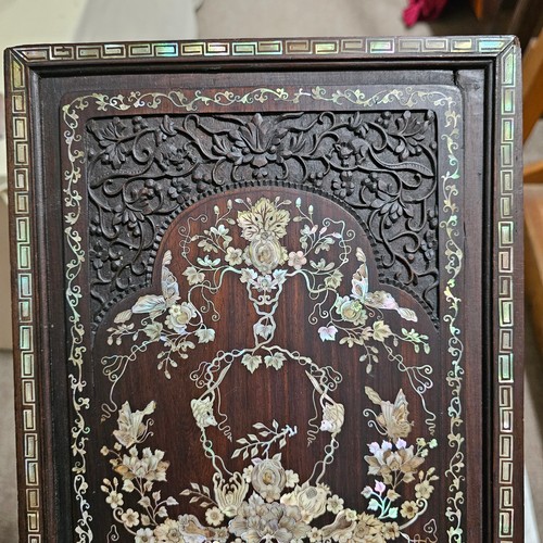 76 - Pair of highly detailed 19th century Chinese rosewood panels, intricate inlaid mother-of-pearl decor... 