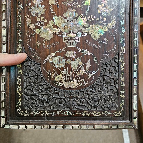 76 - Pair of highly detailed 19th century Chinese rosewood panels, intricate inlaid mother-of-pearl decor... 