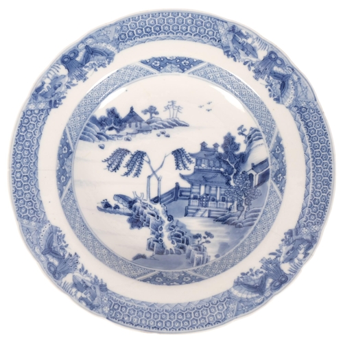 185 - An Antique Chinese blue and white bowl, pagoda and blossom tree decoration, diameter 25cm